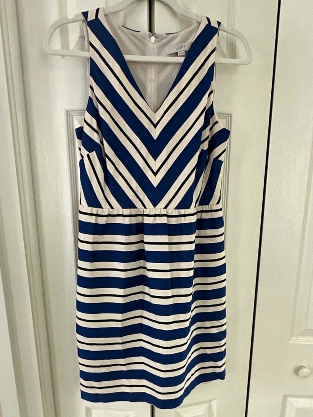 LOFT Blue and White Striped V-Neck Sheath Dress